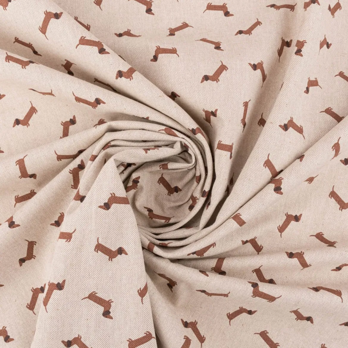 Dekostoff Halbpanama Leinenlook Little Dachshund Dog Dackel natur braun 1,40m Breite