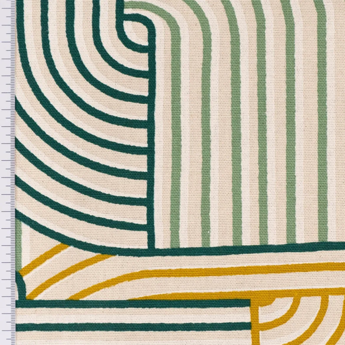 Dekostoff Halb-Panama Leinenlook Courbes Art Deco Geometriedesign natur grün gelb 155cm Breite