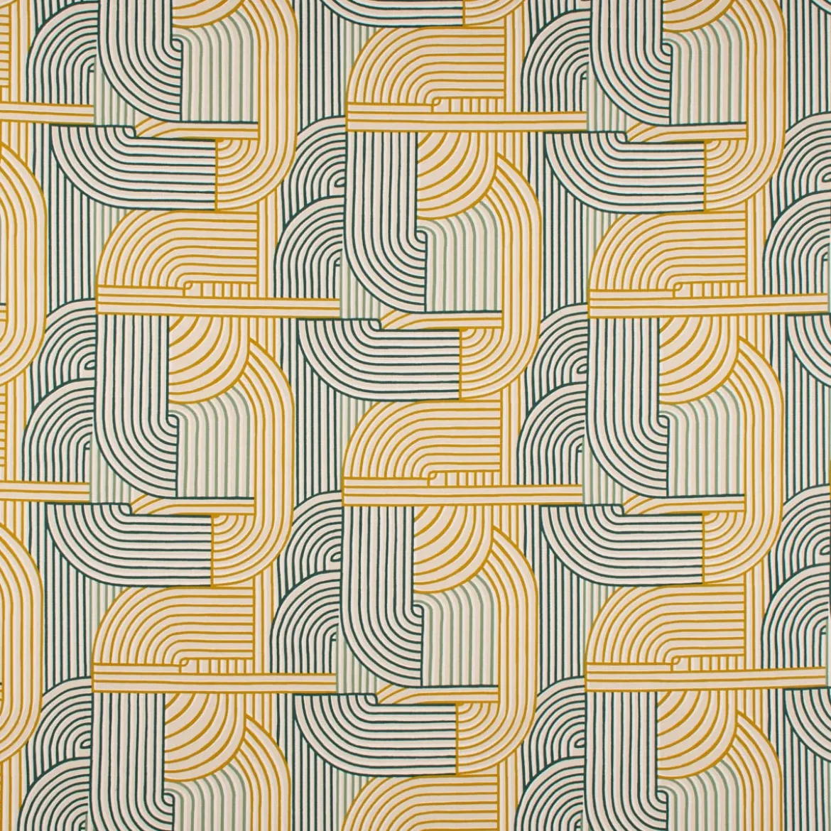 Dekostoff Halb-Panama Leinenlook Courbes Art Deco Geometriedesign natur grün gelb 155cm Breite