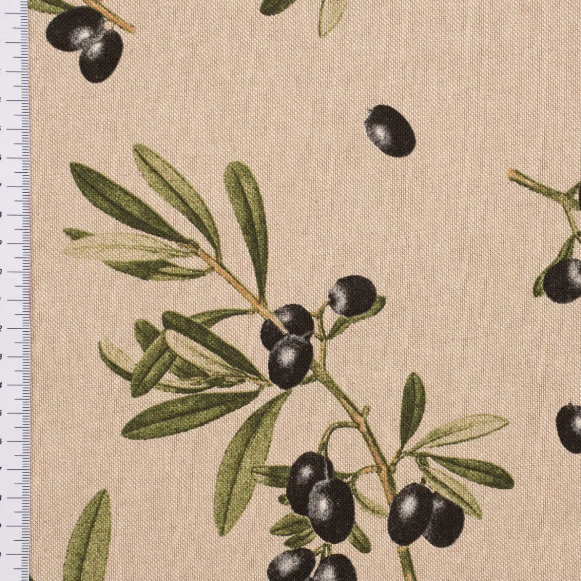 Dekostoff Halbpanama Leinenlook Olive Branch Olivenzweige natur grün 1,40m Breite