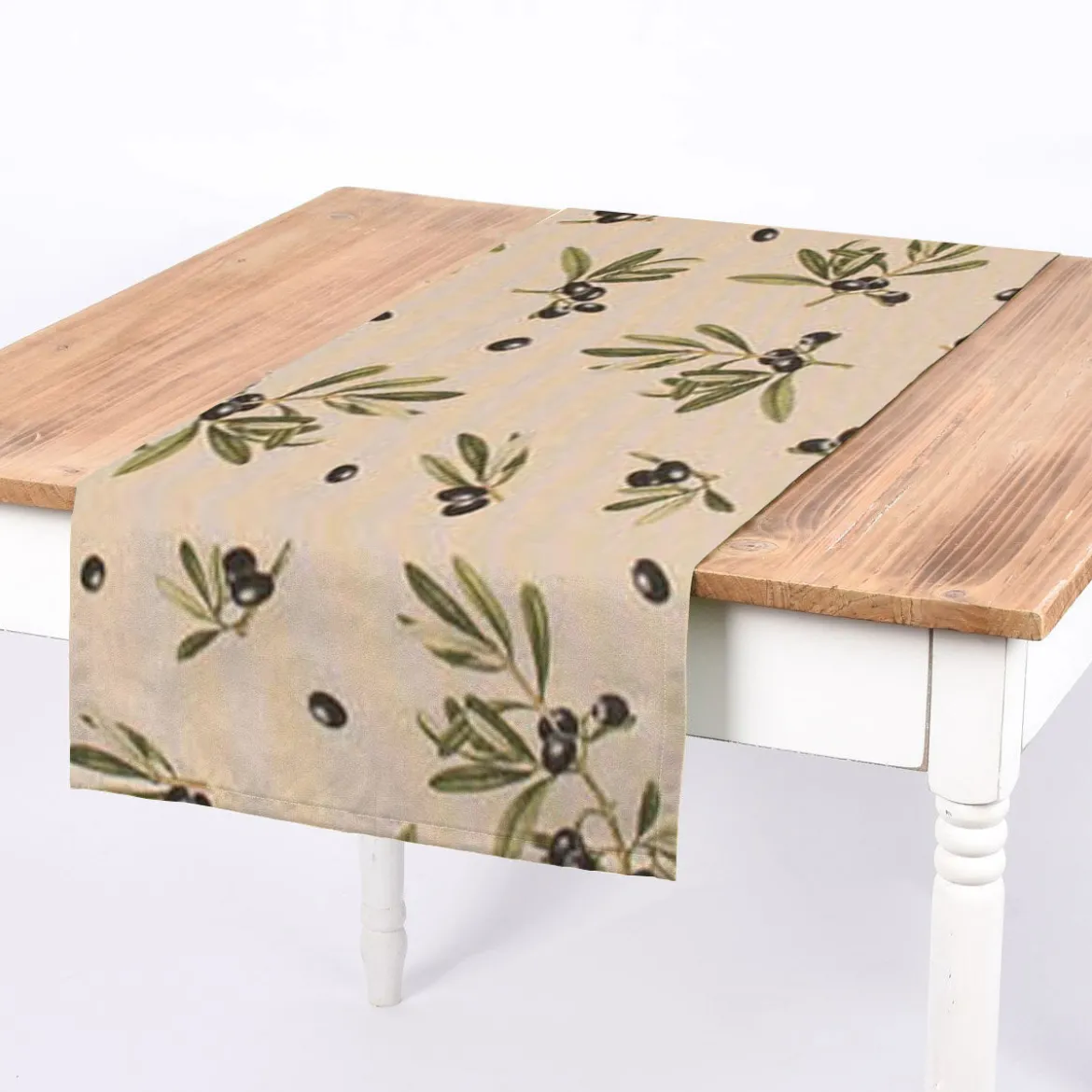 Dekostoff Halbpanama Leinenlook Olive Branch Olivenzweige natur grün 1,40m Breite