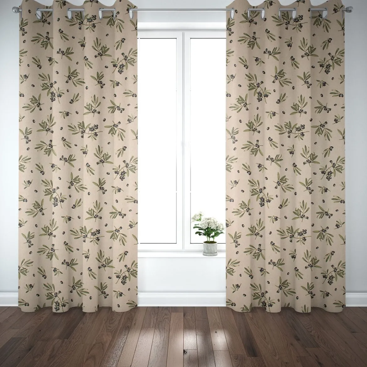 Dekostoff Halbpanama Leinenlook Olive Branch Olivenzweige natur grün 1,40m Breite
