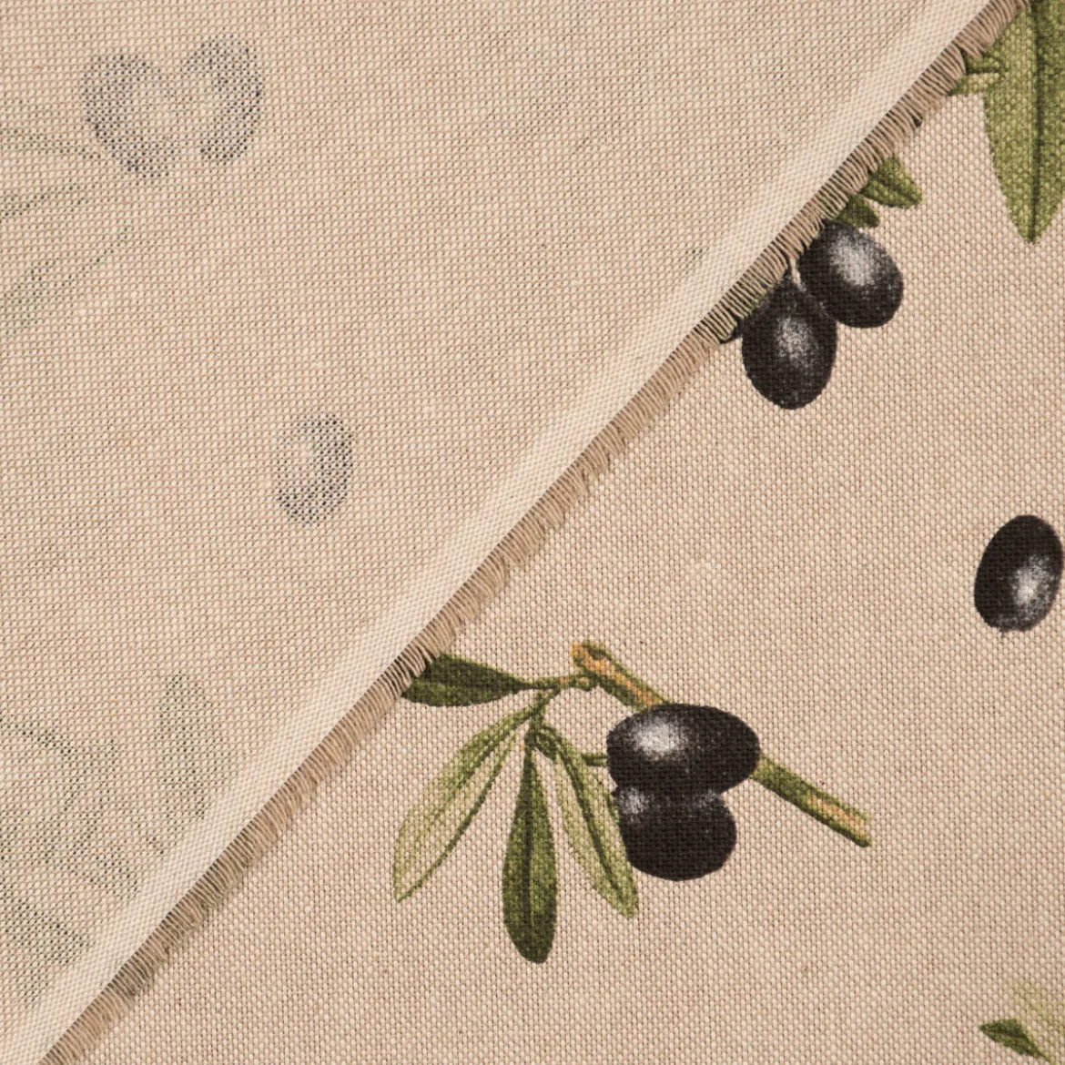 Dekostoff Halbpanama Leinenlook Olive Branch Olivenzweige natur grün 1,40m Breite