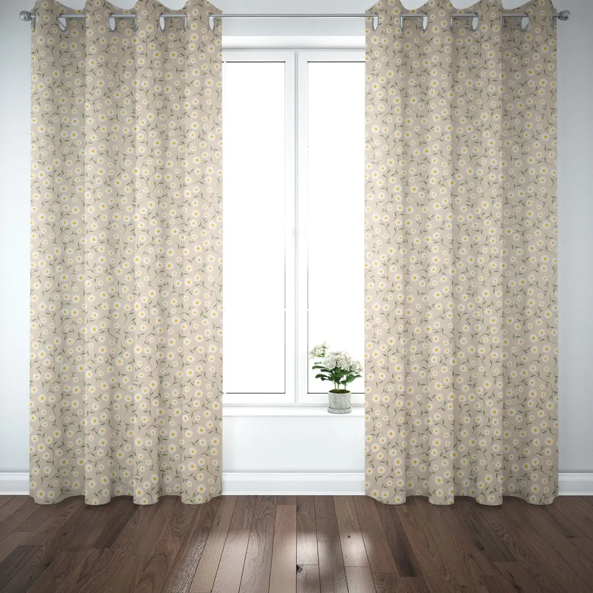 Dekostoff Halbpanama Leinenlook Daisy Sweet Field Gänseblümchen natur weiß 1,40m Breite