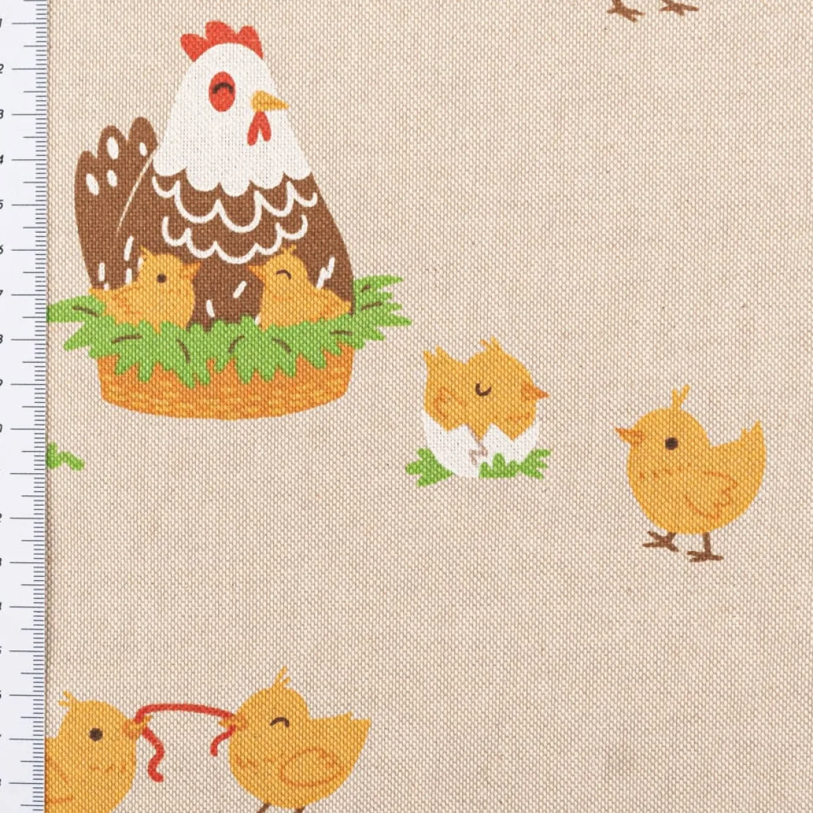 Dekostoff Halbpanama Leinenlook Chicken Family Nest Hahn Henne Küken natur gelb 1,40m Breite