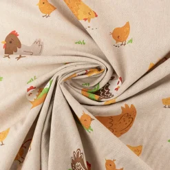 Dekostoff Halbpanama Leinenlook Chicken Family Nest Hahn Henne Küken natur gelb 1,40m Breite
