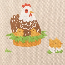 Dekostoff Halbpanama Leinenlook Chicken Family Nest Hahn Henne Küken natur gelb 1,40m Breite