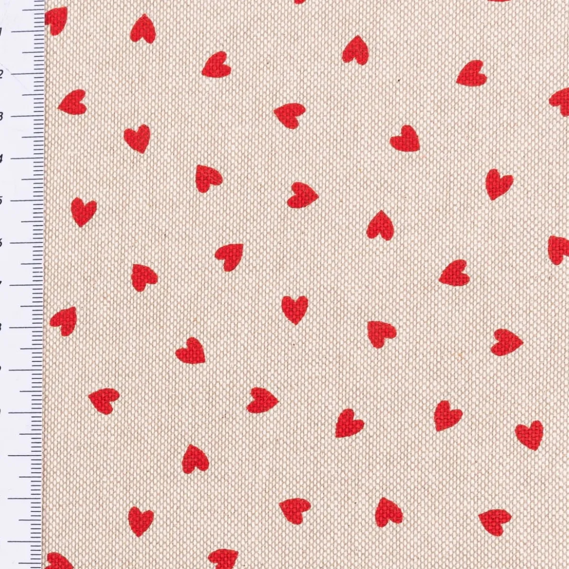 Dekostoff Halbpanama Leinenlook Little Love Heart Herzchen natur rot 1,40m Breite