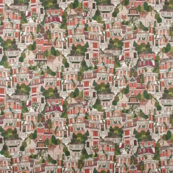 Dekostoff Halbpanama Premium Village House Häuser rot grün beige 1,40m Breite