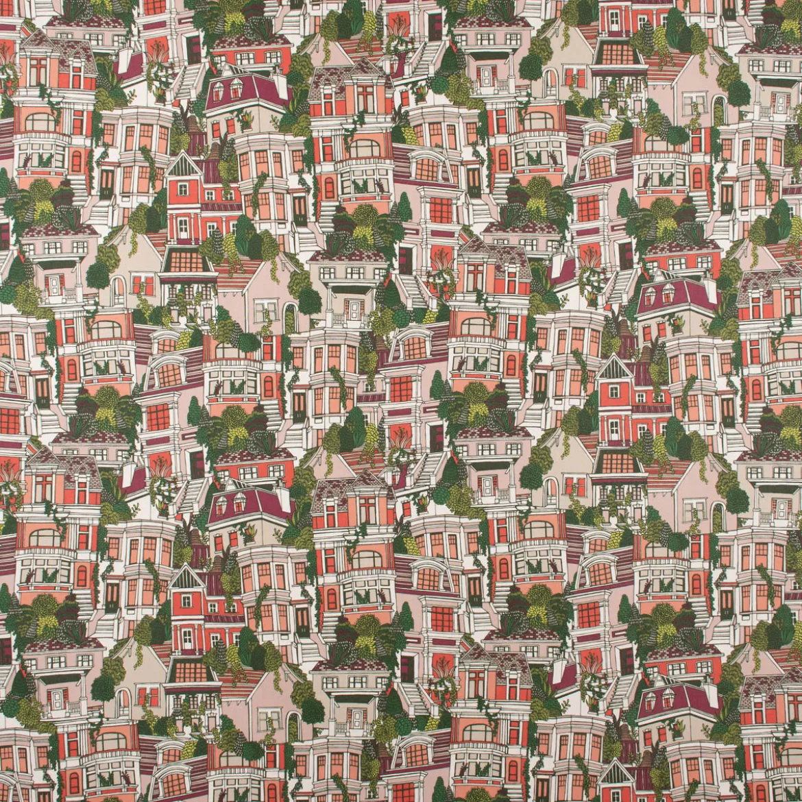 Dekostoff Halbpanama Premium Village House Häuser rot grün beige 1,40m Breite