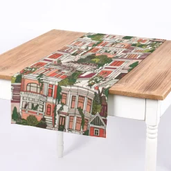Dekostoff Halbpanama Premium Village House Häuser rot grün beige 1,40m Breite