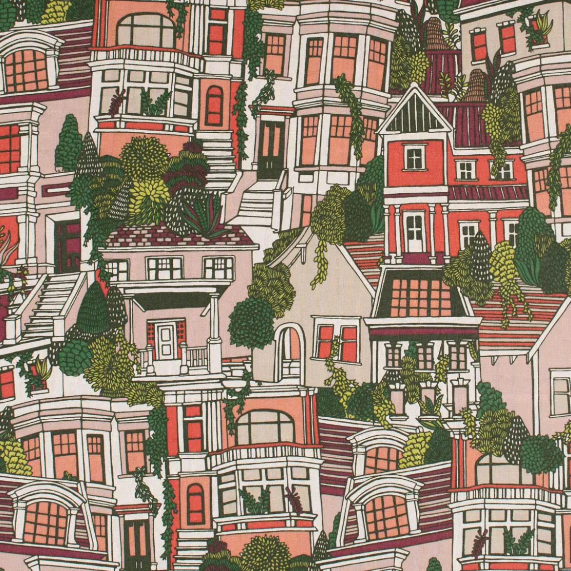 Dekostoff Halbpanama Premium Village House Häuser rot grün beige 1,40m Breite