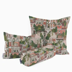 Dekostoff Halbpanama Premium Village House Häuser rot grün beige 1,40m Breite