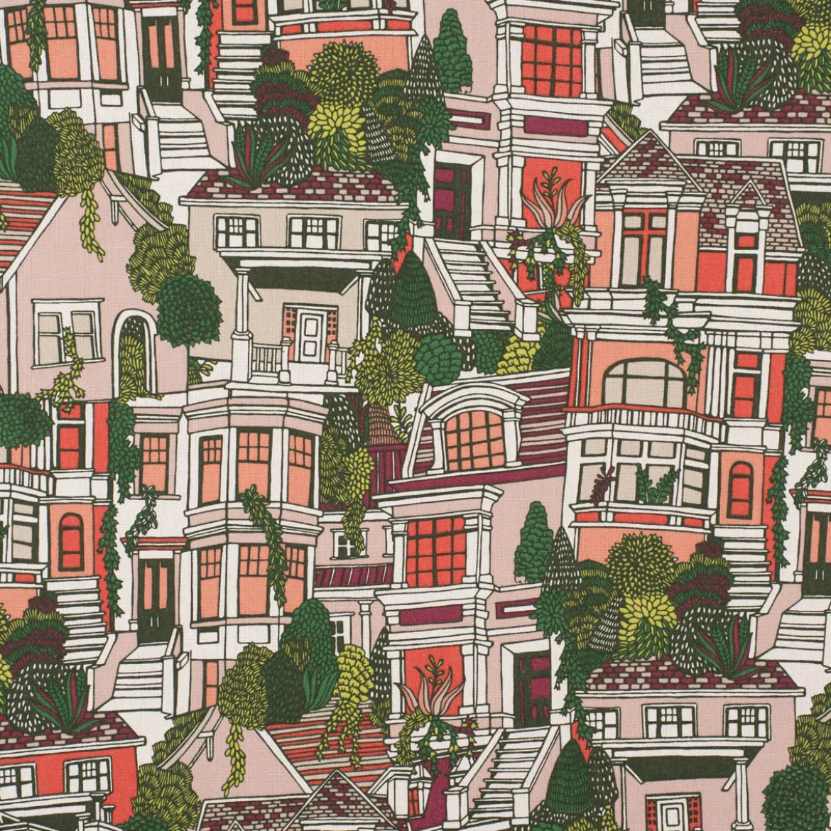 Dekostoff Halbpanama Premium Village House Häuser rot grün beige 1,40m Breite