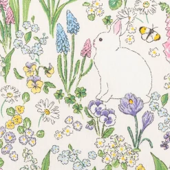 Dekostoff Halbpanama Rabbit Spring Fever Hasen Frühlingsblumen weiß bunt 1,40m Breite