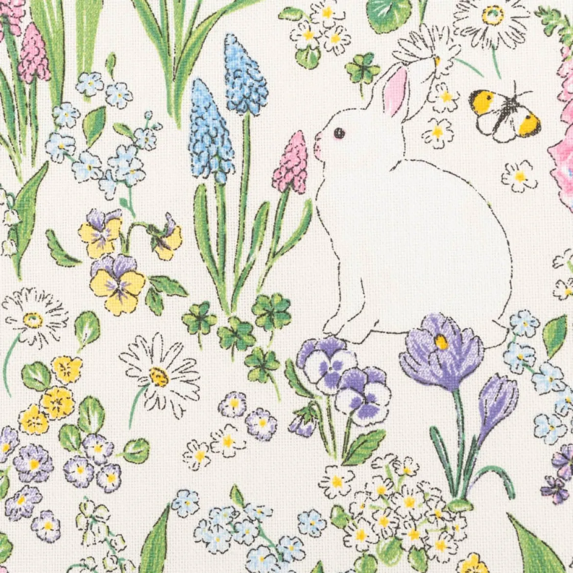 Dekostoff Halbpanama Rabbit Spring Fever Hasen Frühlingsblumen weiß bunt 1,40m Breite