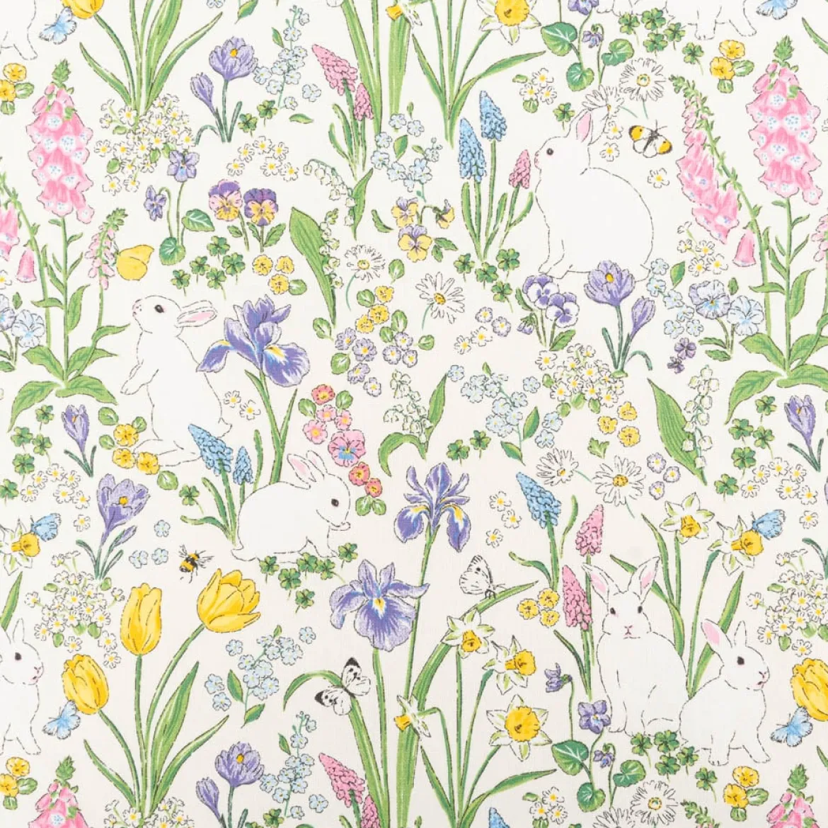 Dekostoff Halbpanama Rabbit Spring Fever Hasen Frühlingsblumen weiß bunt 1,40m Breite