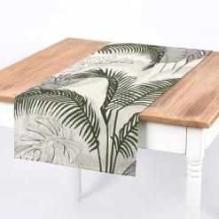 Dekostoff Halbpanama Tropical Planet Palmenblätter weiß grün 1,40m Breite
