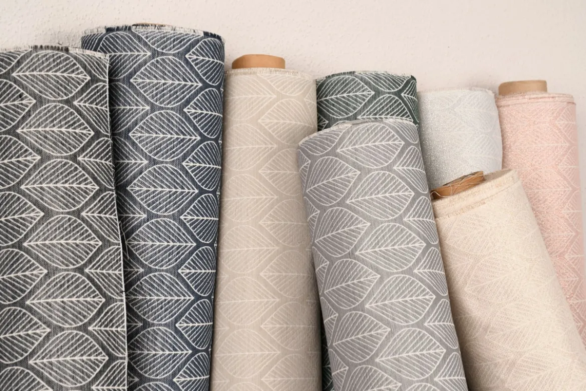 Dekostoff Jacquard Doubleface Premium Leaf Retro Scandi Blätter grau hellbeige 1,4m Breite
