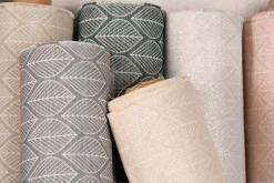 Dekostoff Jacquard Doubleface Premium Leaf Retro Scandi Blätter grün hellbeige 1,4m Breite