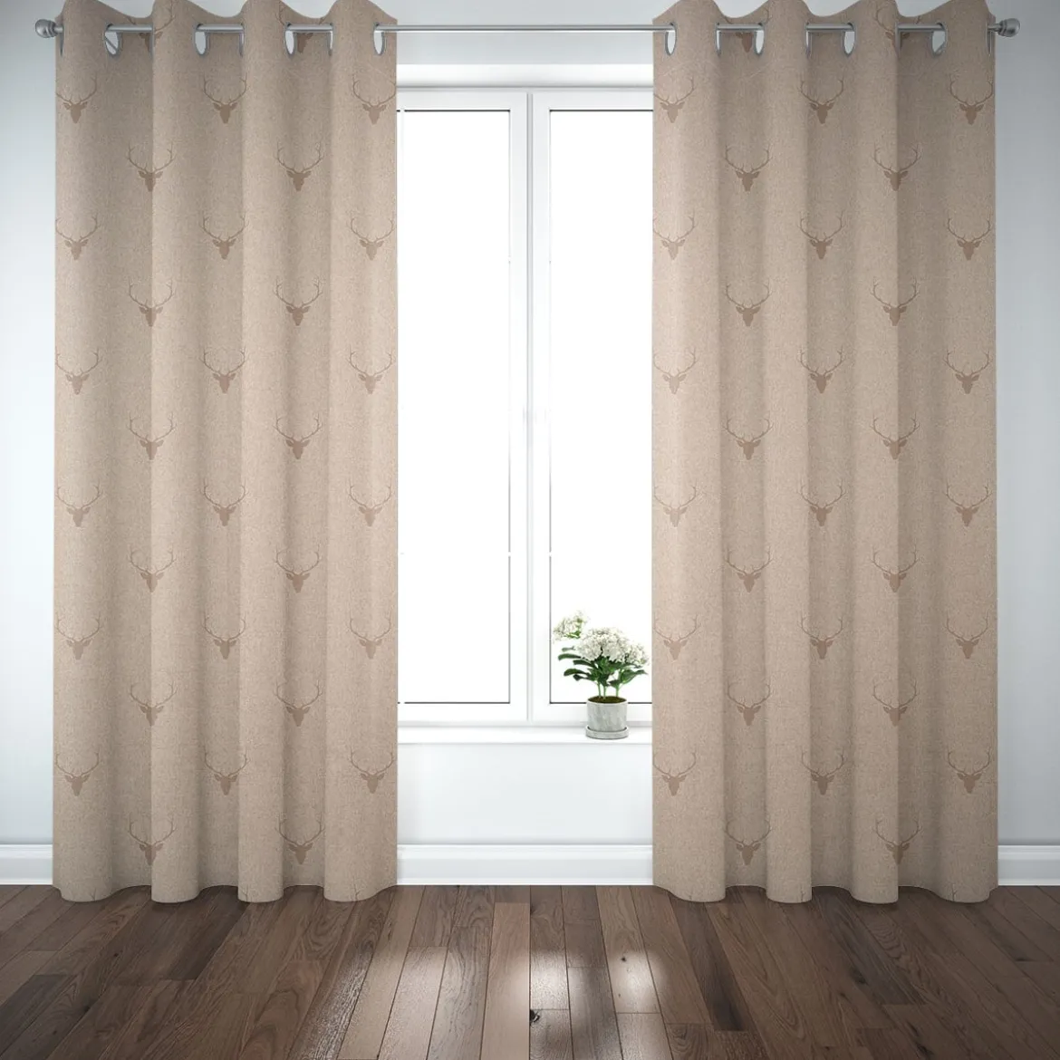 Dekostoff Jacquard Gardinenstoff Landhausstoff Wendestoff Hirschkopf mit Geweih beige 1,40m Breite