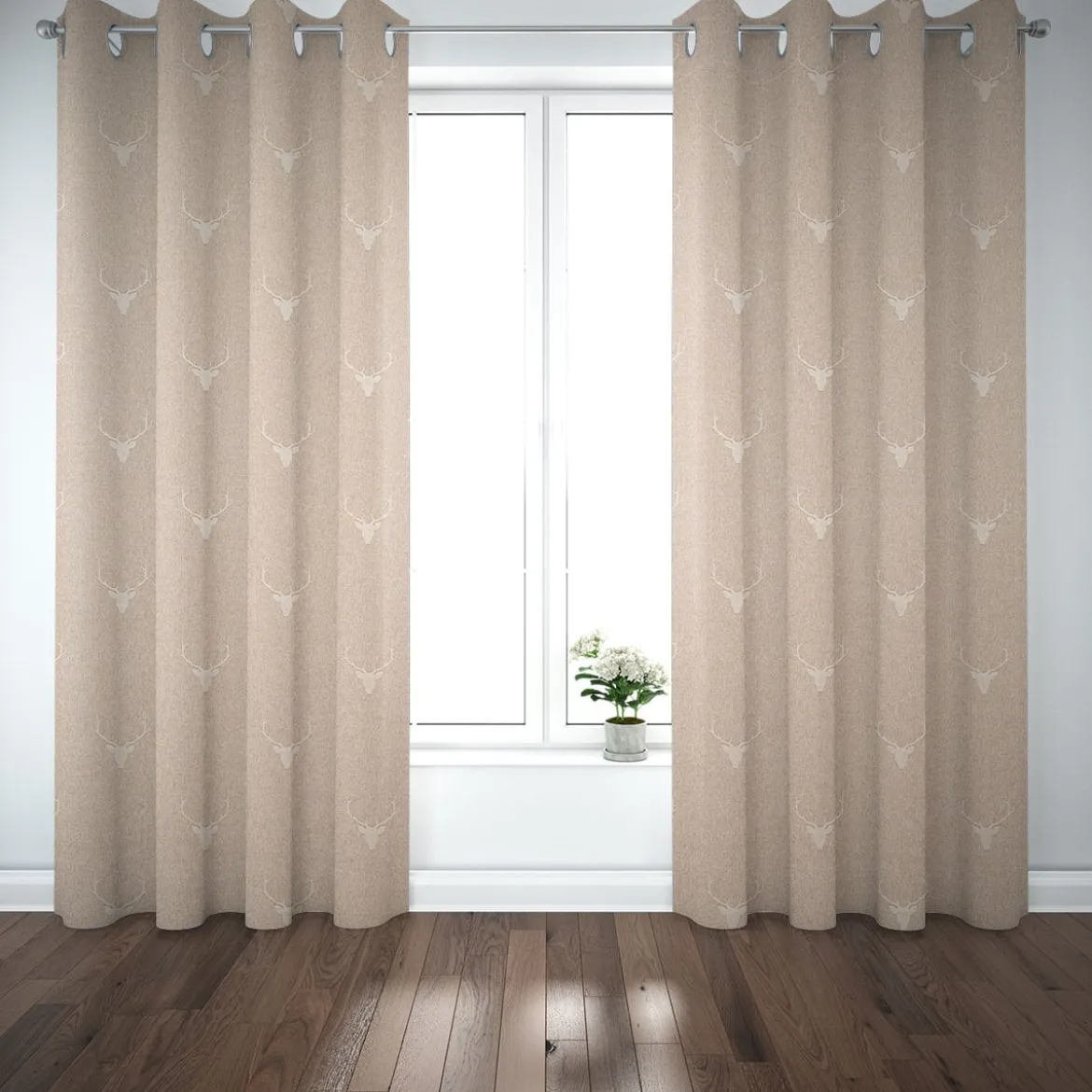 Dekostoff Jacquard Gardinenstoff Landhausstoff Wendestoff Hirschkopf mit Geweih beige 1,40m Breite