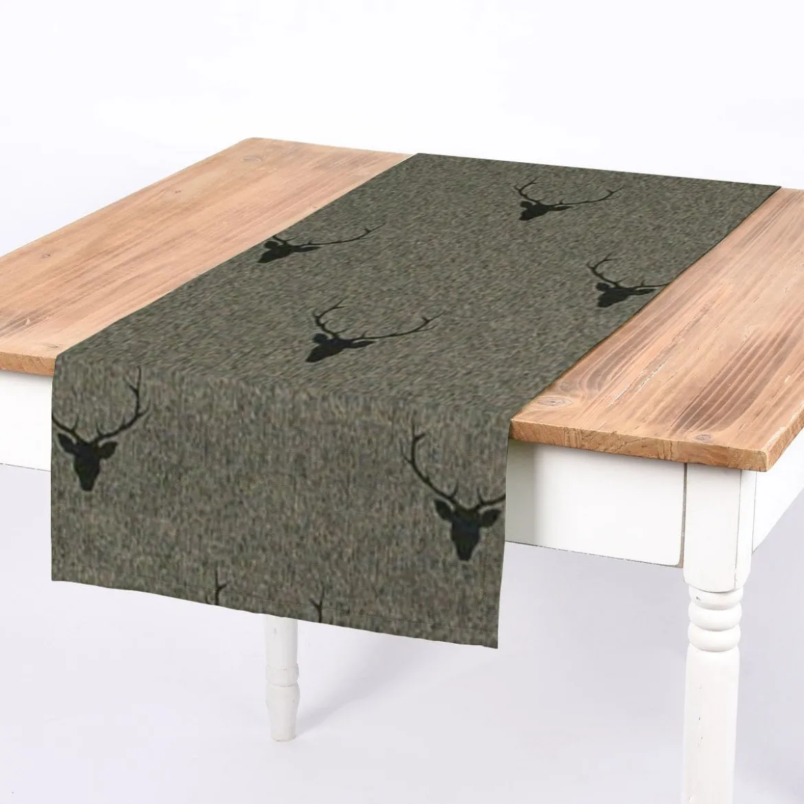 Dekostoff Jacquard Gardinenstoff Landhausstoff Wendestoff Hirschkopf mit Geweih grün 1,40m Breite