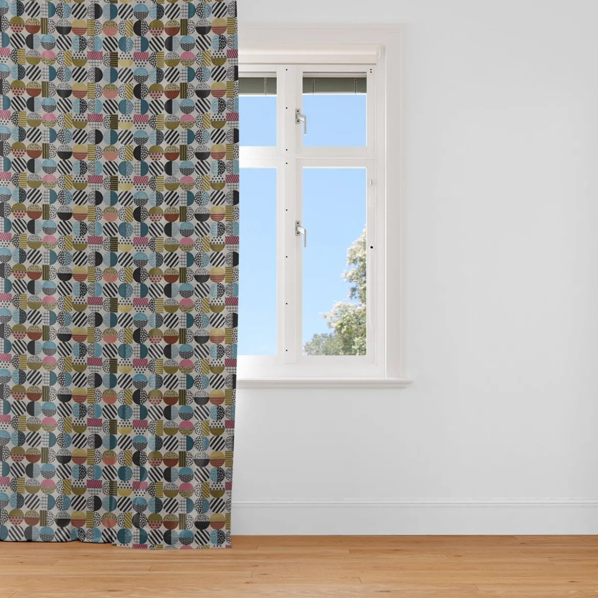 Dekostoff Jacquard geometrisch Kreise weiß schwarz bunt 1,5m Breite