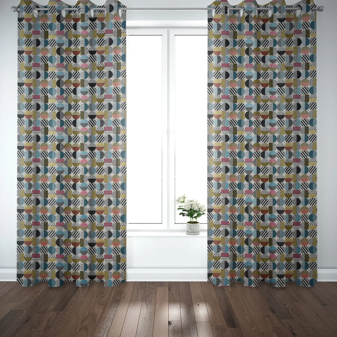 Dekostoff Jacquard geometrisch Kreise weiß schwarz bunt 1,5m Breite