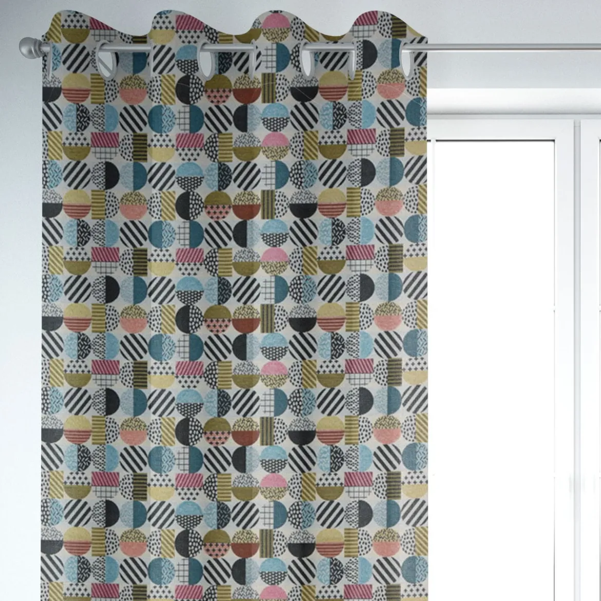 Dekostoff Jacquard geometrisch Kreise weiß schwarz bunt 1,5m Breite