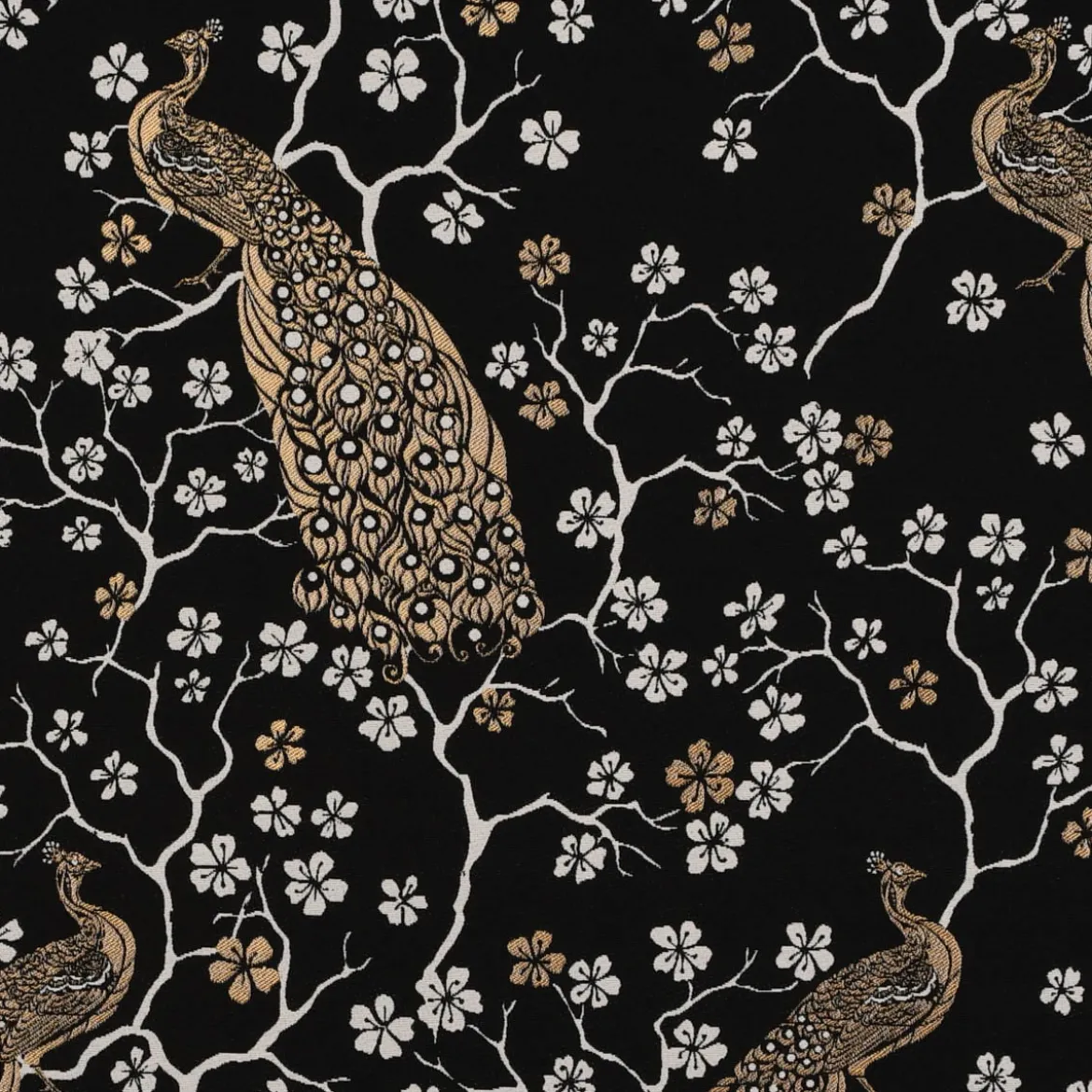 Dekostoff Jacquard Metallic Peacock Blossom Luxury Pfau Blüten schwarz gold ecru 1,4m Breite