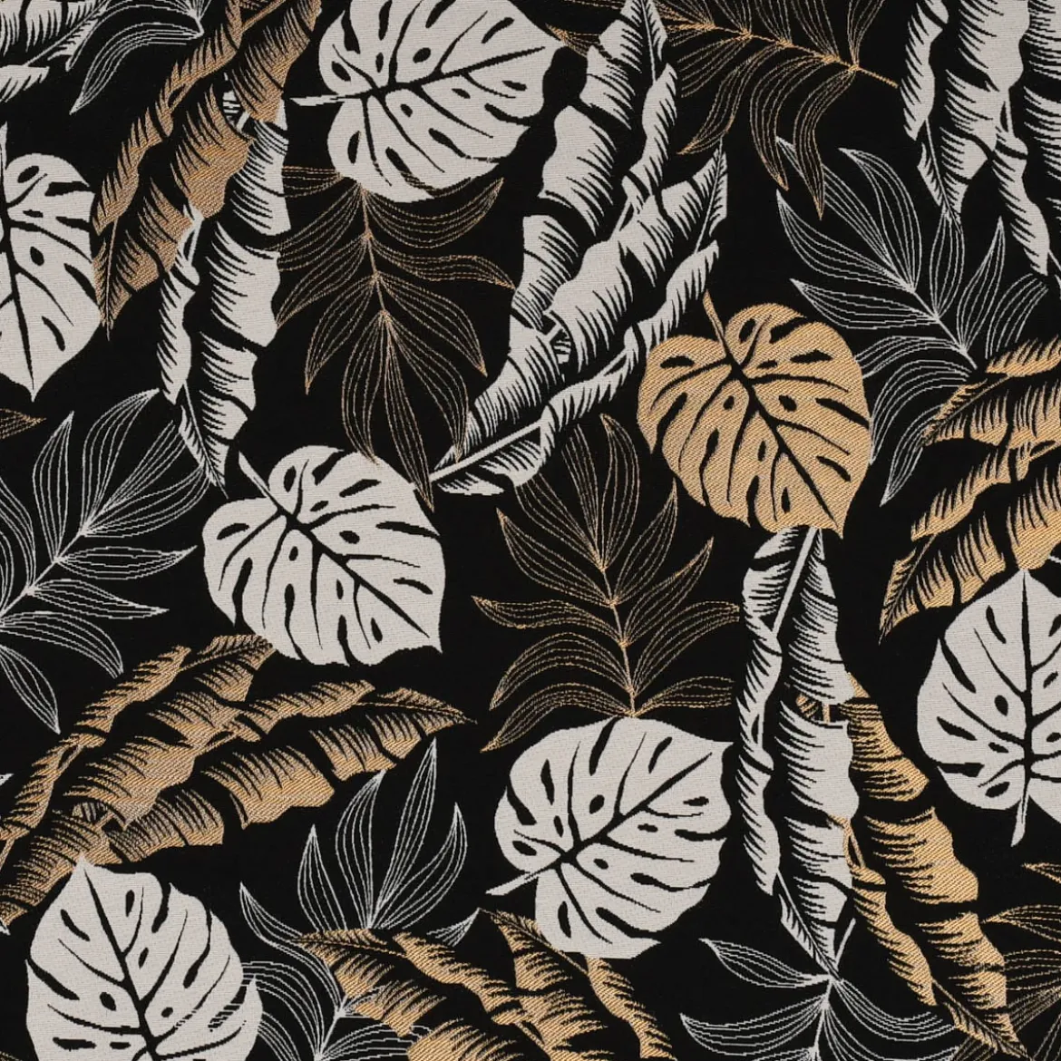 Dekostoff Jacquard Metallic Botanic Leaf Luxury Blätter schwarz gold ecru 1,4m Breite
