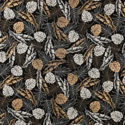 Dekostoff Jacquard Metallic Botanic Leaf Luxury Blätter schwarz gold ecru 1,4m Breite