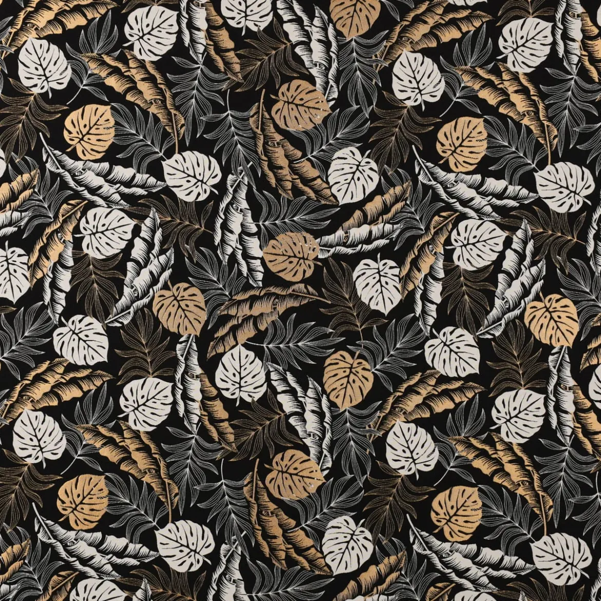 Dekostoff Jacquard Metallic Botanic Leaf Luxury Blätter schwarz gold ecru 1,4m Breite