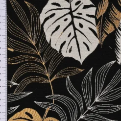 Dekostoff Jacquard Metallic Botanic Leaf Luxury Blätter schwarz gold ecru 1,4m Breite