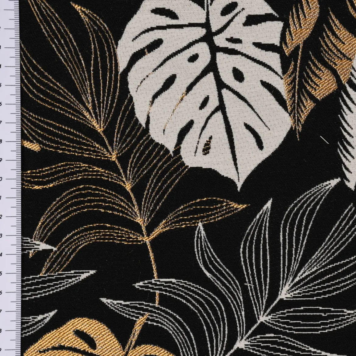 Dekostoff Jacquard Metallic Botanic Leaf Luxury Blätter schwarz gold ecru 1,4m Breite