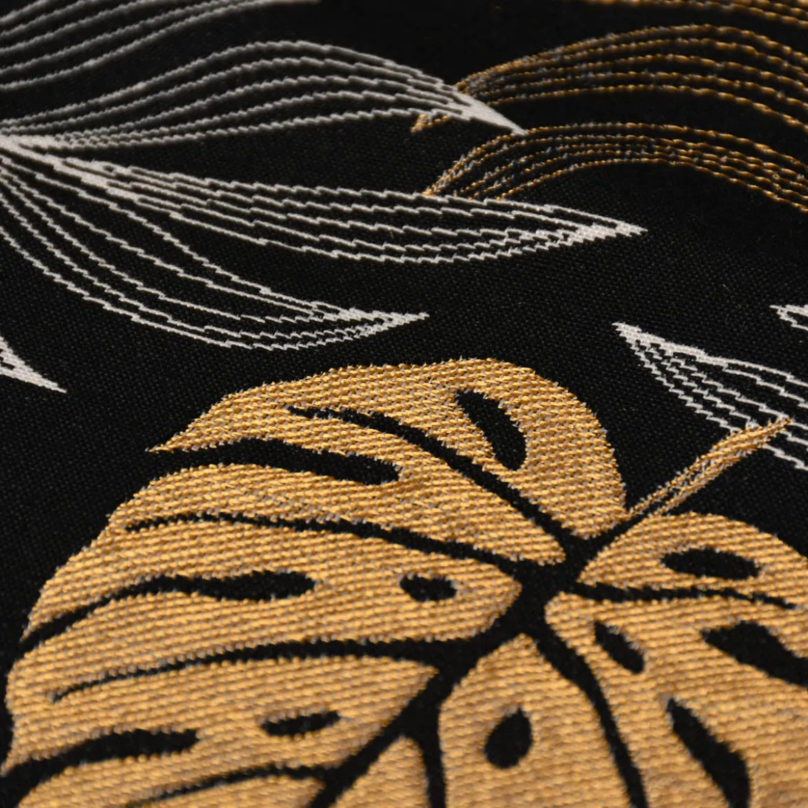 Dekostoff Jacquard Metallic Botanic Leaf Luxury Blätter schwarz gold ecru 1,4m Breite