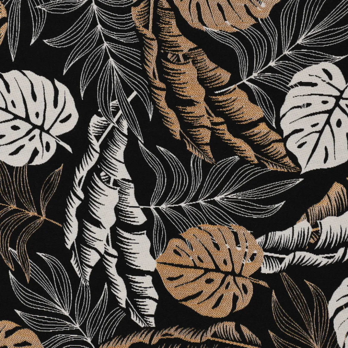 Dekostoff Jacquard Metallic Botanic Leaf Luxury Blätter schwarz gold ecru 1,4m Breite