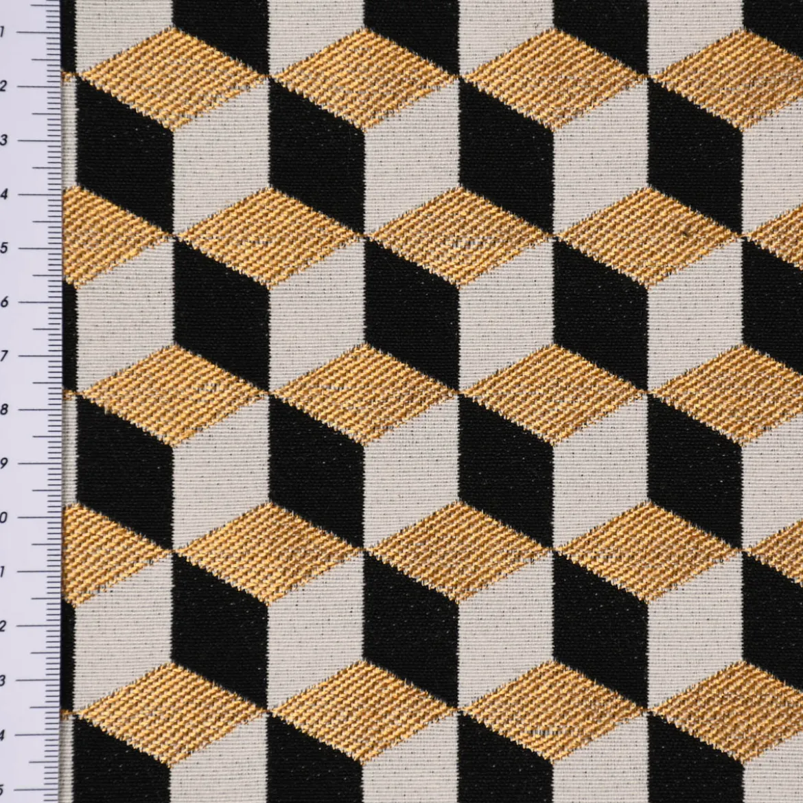 Dekostoff Jacquard Metallic Cube Geometric Luxury 3D Würfel schwarz gold ecru 1,4m Breite