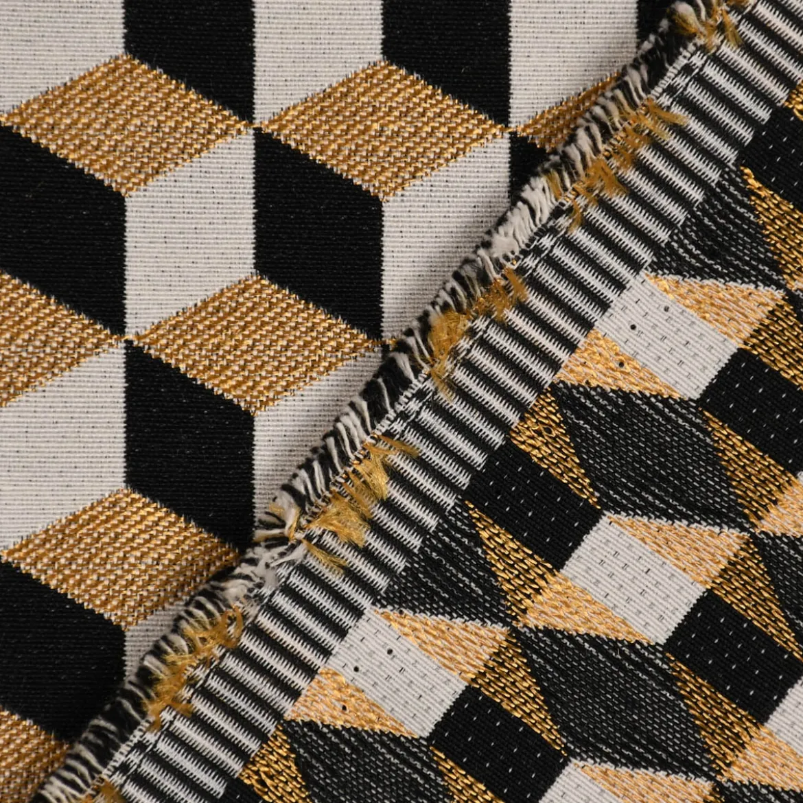 Dekostoff Jacquard Metallic Cube Geometric Luxury 3D Würfel schwarz gold ecru 1,4m Breite