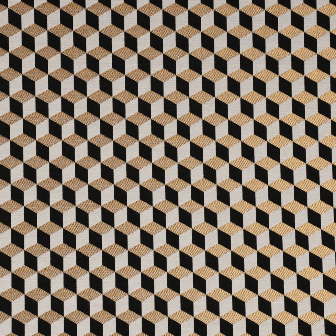 Dekostoff Jacquard Metallic Cube Geometric Luxury 3D Würfel schwarz gold ecru 1,4m Breite