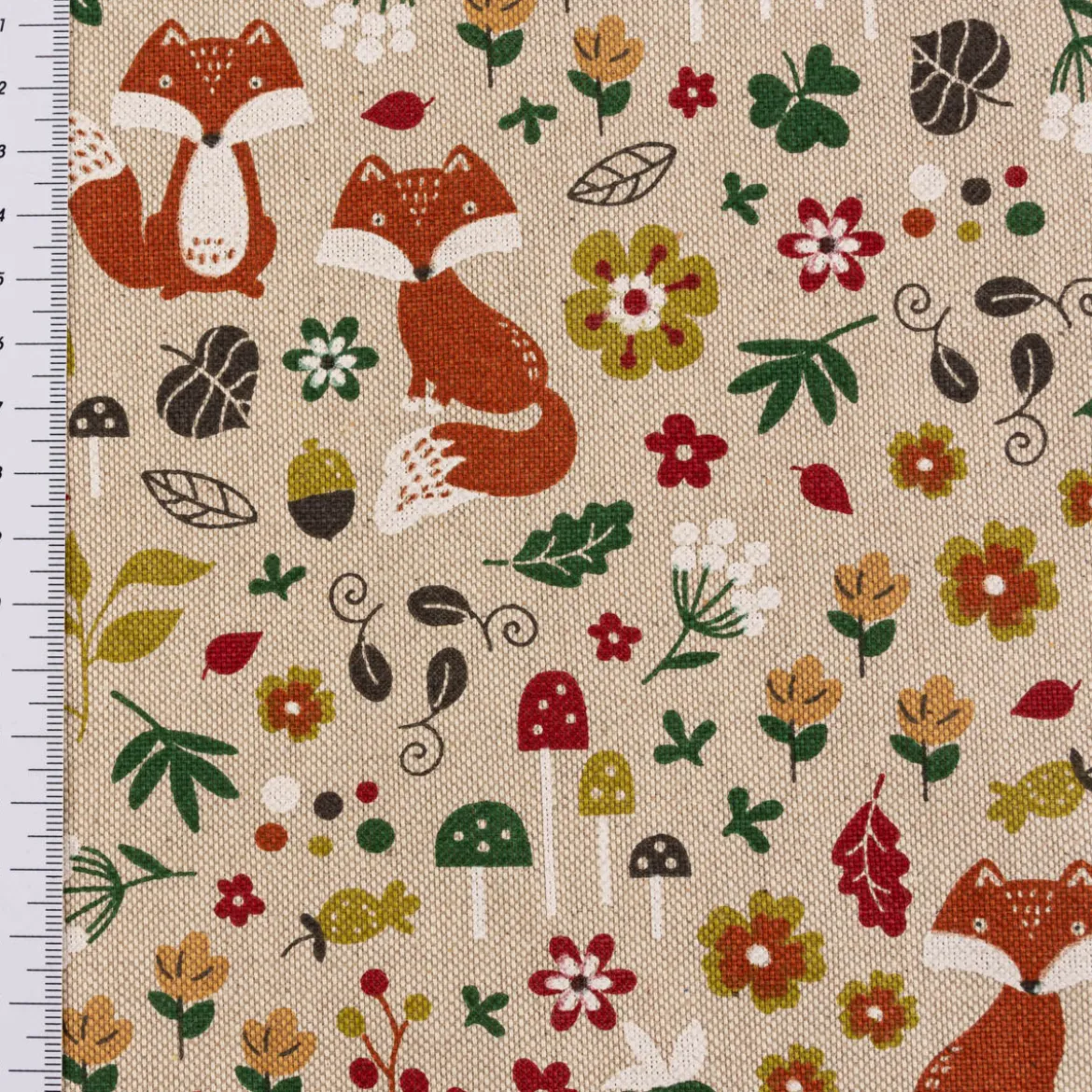 Dekostoff Kinderstoff Halbpanama Leinenlook Autumn Woodland Fox Herbst Füchse natur bunt 1,40m Breite