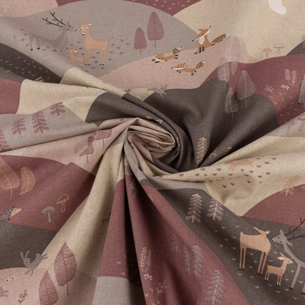 Dekostoff Kinderstoff Halbpanama Leinenlook Mountain Forest Animals Waldtiere Hügel rosa 140cm Breite