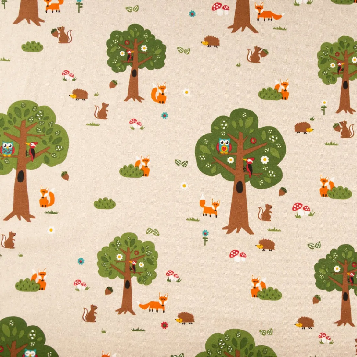 Dekostoff Kinderstoff Halbpanama Leinenlook Fox Forest Füchse Bäume natur bunt 1,40m Breite