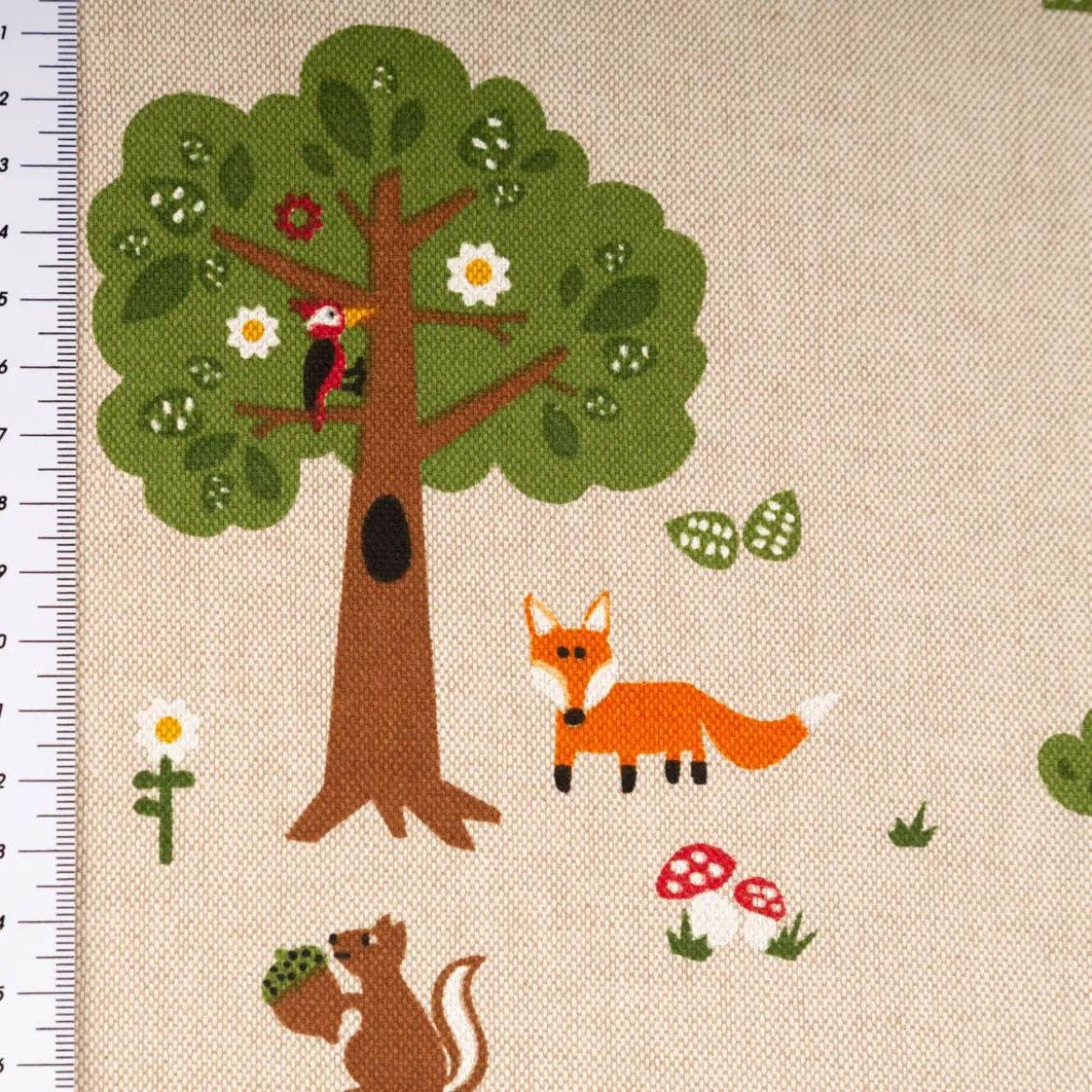 Dekostoff Kinderstoff Halbpanama Leinenlook Fox Forest Füchse Bäume natur bunt 1,40m Breite