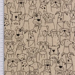 Dekostoff Kinderstoff Halbpanama Leinenlook Dog Cartoon Line Hunde natur schwarz 1,40m Breite