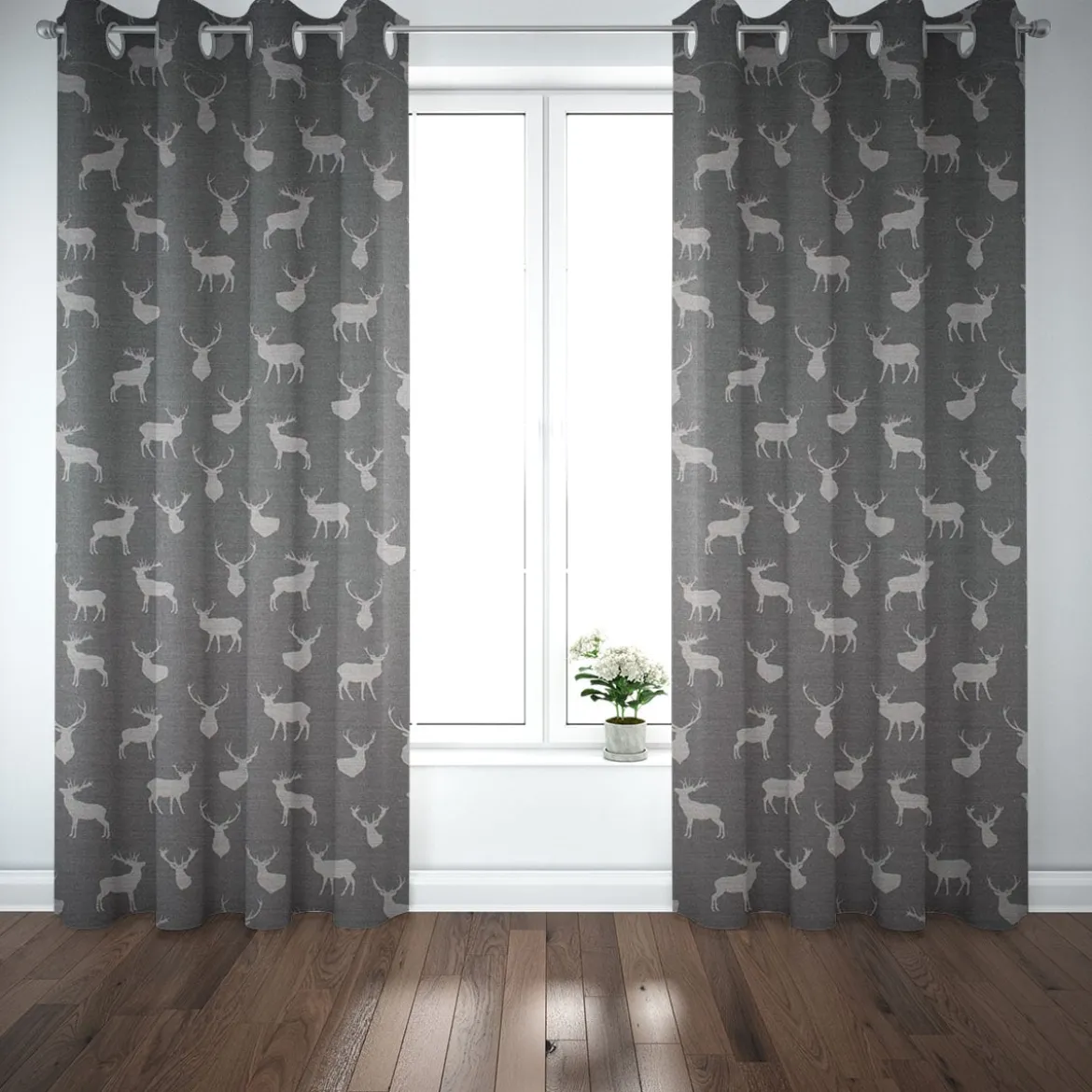 Dekostoff Landhausstoff Plaidstoff Wendestoff Cosy mit Hirschen grau 1,40m Breite