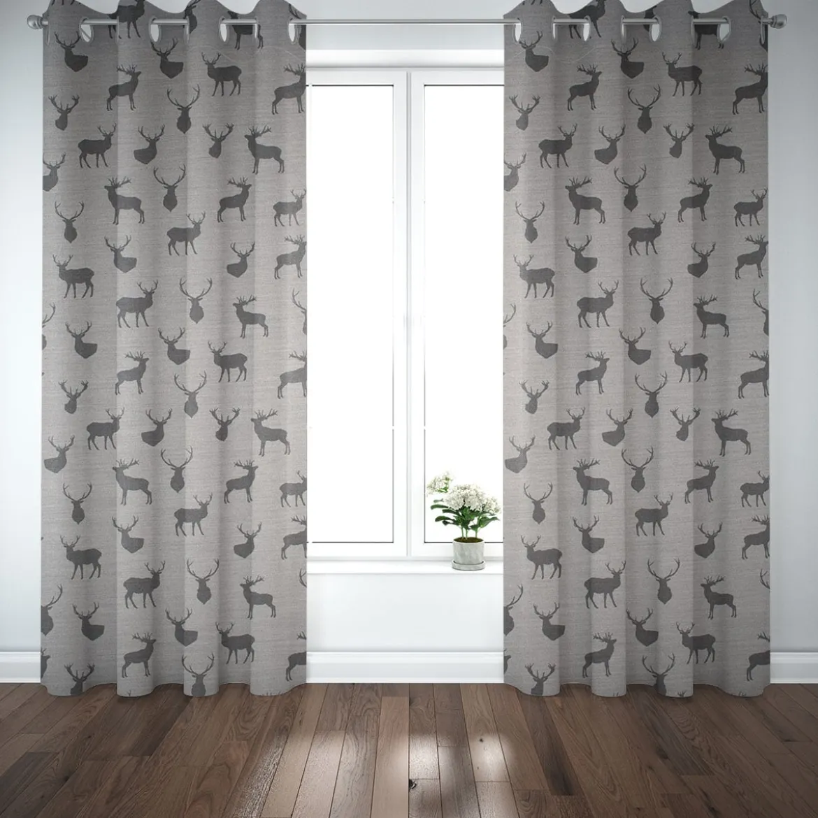 Dekostoff Landhausstoff Plaidstoff Wendestoff Cosy mit Hirschen grau 1,40m Breite