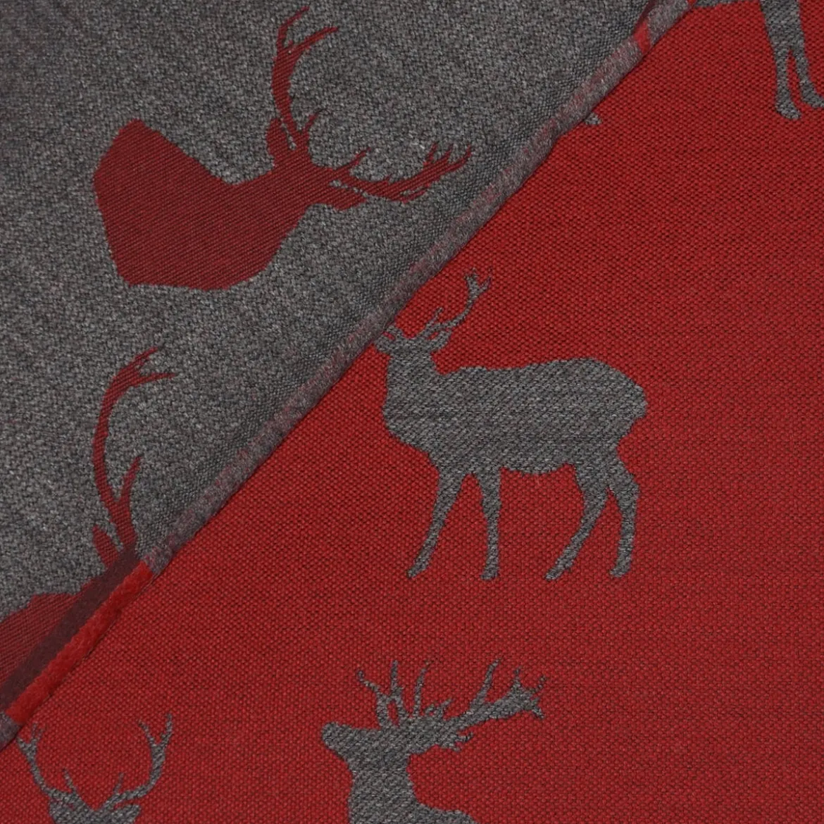 Dekostoff Landhausstoff Plaidstoff Wendestoff Cosy mit Hirschen rot grau 1,40m Breite