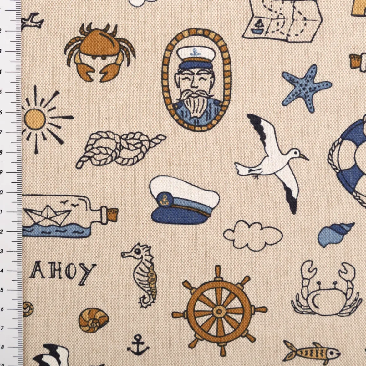 Dekostoff Leinenlook Nautical Doodle natur blau 1,4m Breite